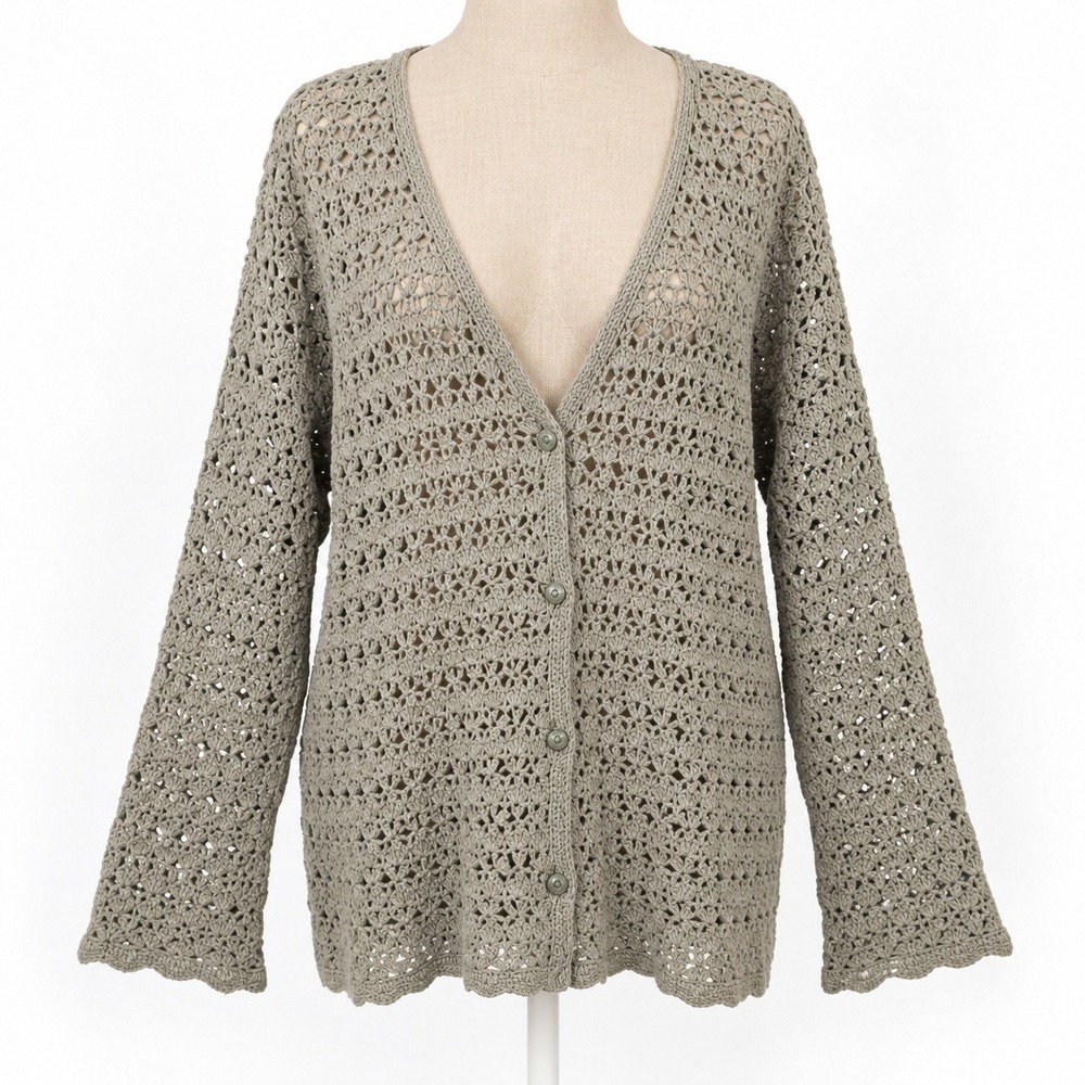 Vintage 90s Northern Reflections Crochet Button Cardigan Sz L Green Fairy Layer